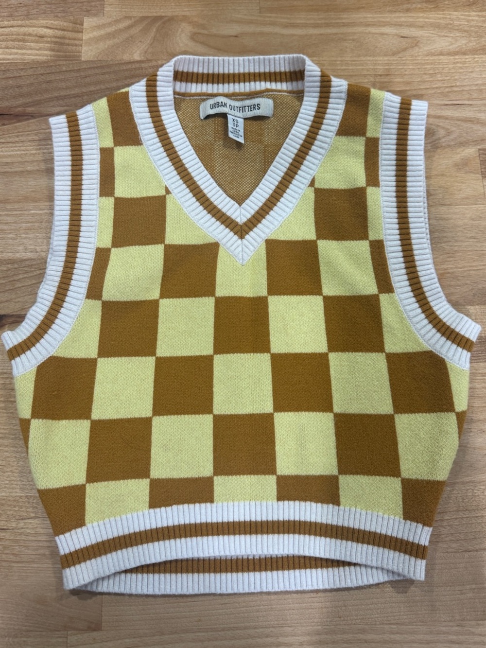 Urban Outfitters Yellow and Brown Checkerboard V‑Neck Sweater Vest